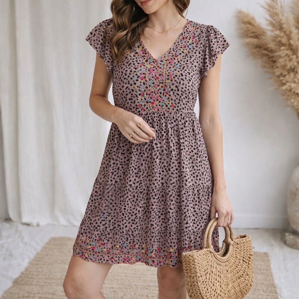 Savanna Jane Boho Leopard Print Dress Embroidered Tiered Flutter Sleeve Small
